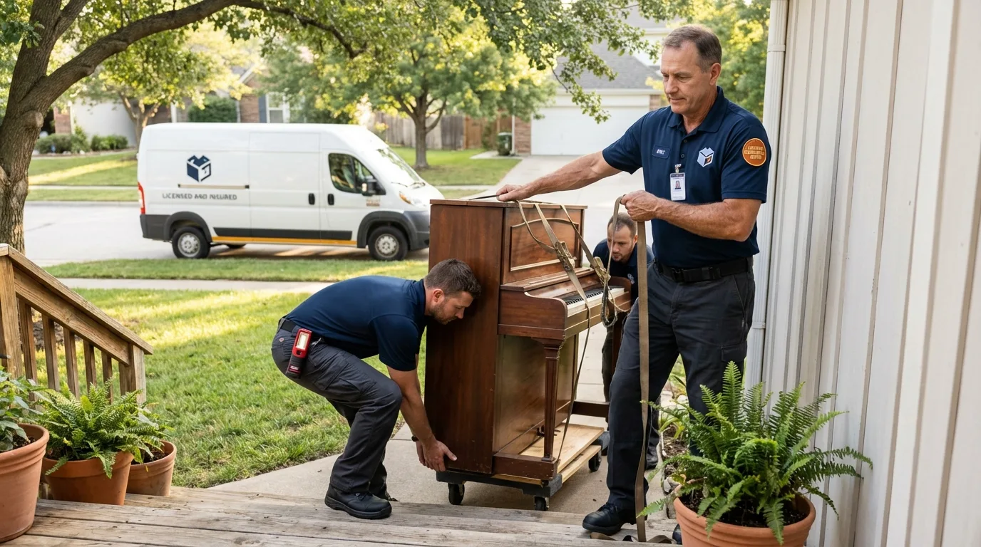 Licensed piano movers securing grand piano in Ione, CA