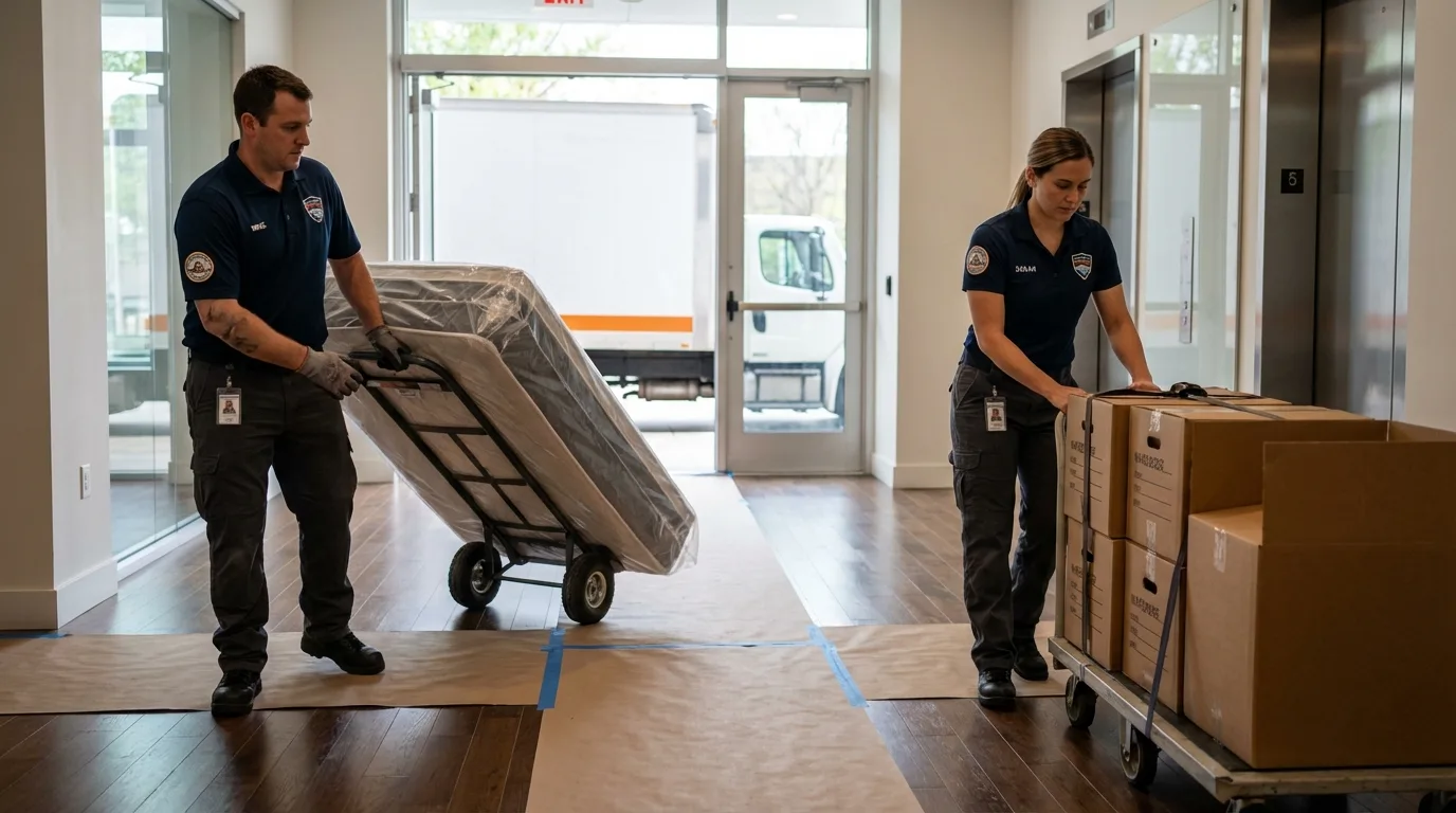 Professional apartment movers loading elevator in Ione, CA