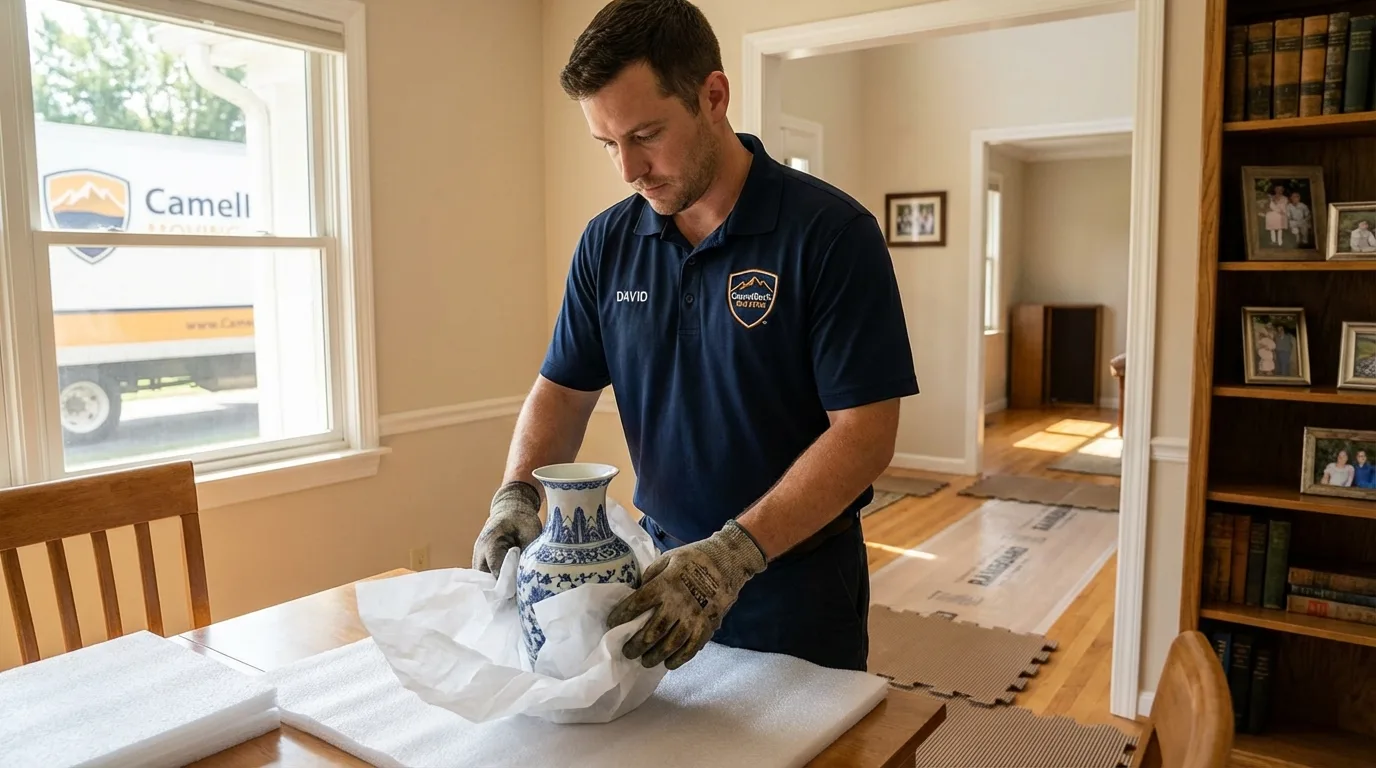 Professional crew carefully wrapping antique vase for senior downsizing move in Ione, CA